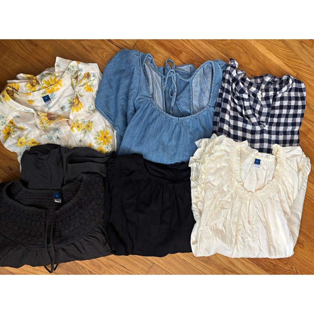 Women’s Old Navy XL Lot of 6 Shirts (Floral, Denim, Check, White, Black)